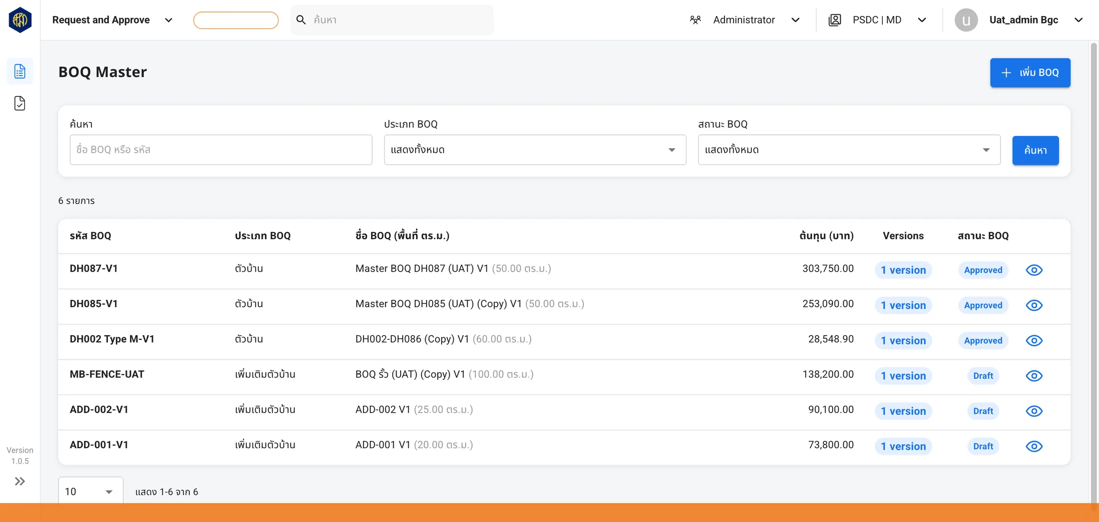 Master BOQ with versions and approval status